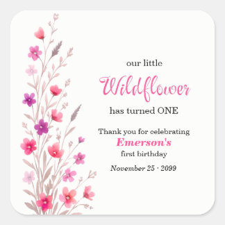 Elegant Pink  Wildflower 1st Birthday Party Square Sticker