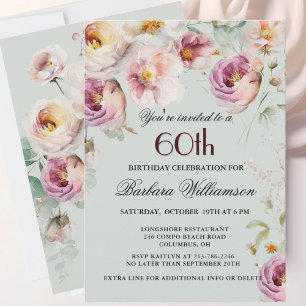 Elegant Pink Wildflower Floral 60th Birthday Party Holiday Card