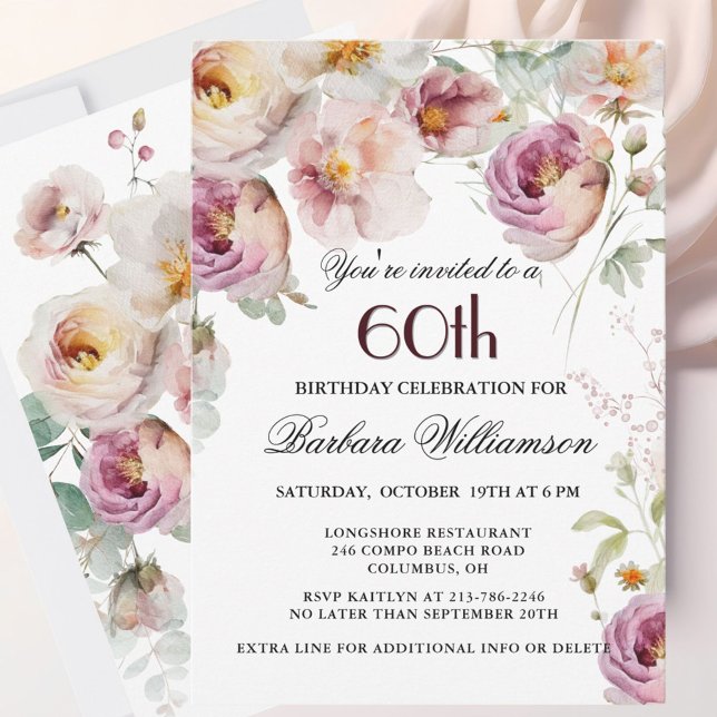 Elegant Pink Wildflower Floral 60th Birthday Party Holiday Card (Creator Uploaded)