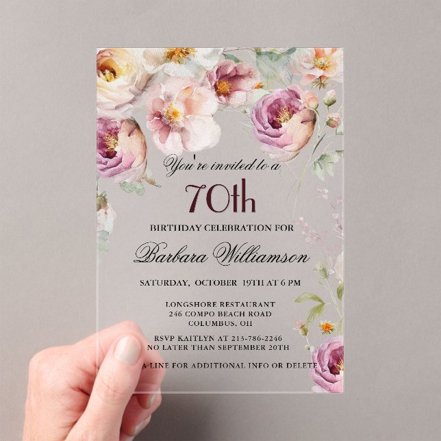 Elegant Pink Wildflower Floral 70th Birthday Party Acrylic Invitations (Insitu (Handheld))