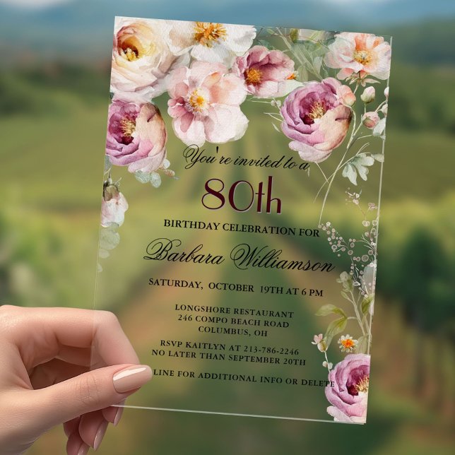 Elegant Pink Wildflower Floral 80th Birthday Party Acrylic Invitations (Creator Uploaded)