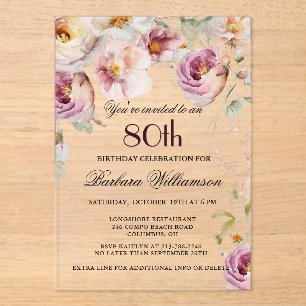 Elegant Pink Wildflower Floral 80th Birthday Party Acrylic Invitations