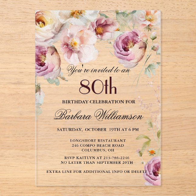 Elegant Pink Wildflower Floral 80th Birthday Party Acrylic Invitations (Front)