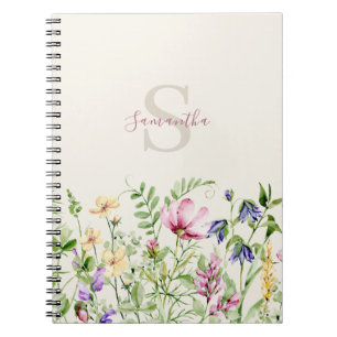 Elegant Pink Wildflower Floral Meadow Monogram Notebook