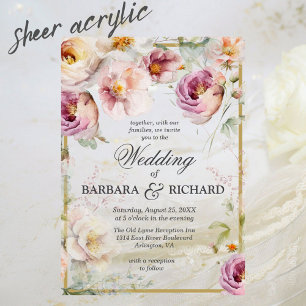 Elegant Pink Wildflower Floral Watercolor Wedding Acrylic Invitations