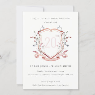 Elegant Pink Wildflower Monogram Crest Anniversary Invitation