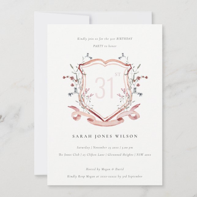 Elegant Pink Wildflower Monogram Crest Birthday Invitation (Front)