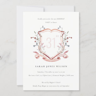 Elegant Pink Wildflower Monogram Crest Birthday Invitation