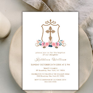 Elegant Pink Wildflower Rose Cross Crest Baptism Invitation