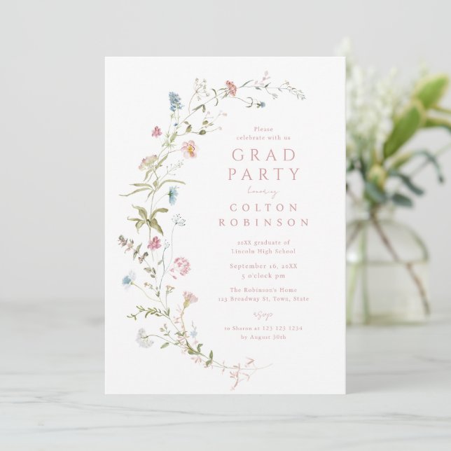 Elegant Pink Wildflower Rustic Boho Graduation Invitation (Standing Front)