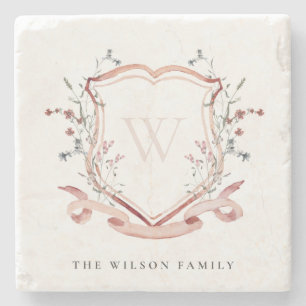 Elegant Pink Wildflower Watercolor Crest Monogram Stone Coaster
