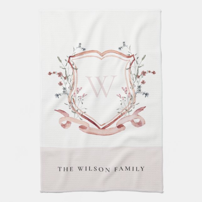 Elegant Pink Wildflower Watercolor Crest Monogram  Tea Towel (Vertical)