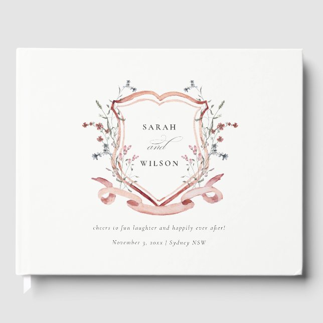 Elegant Pink Wildflower Watercolor Crest Wedding Guest Book (Front)