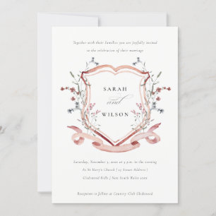 Elegant Pink Wildflower Watercolor Crest Wedding Invitation