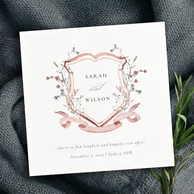 Elegant Pink Wildflower Watercolor Crest Wedding Napkin (Creator Uploaded)