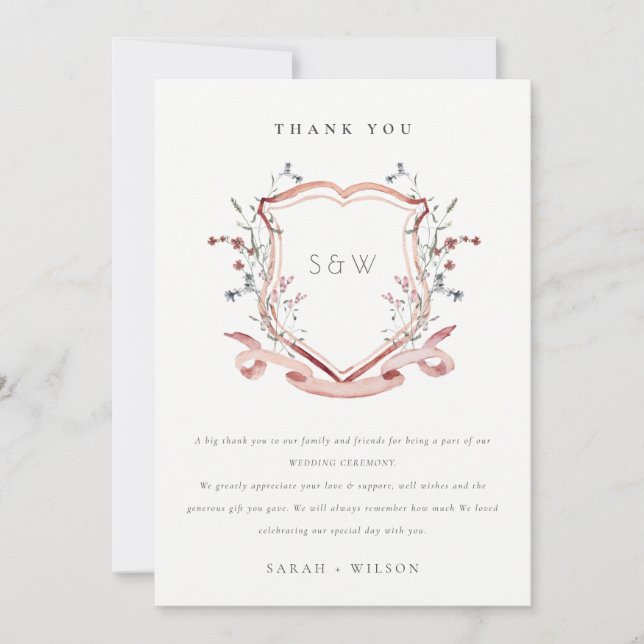 Elegant Pink Wildflower Watercolor Crest Wedding Thank You Card (Front)