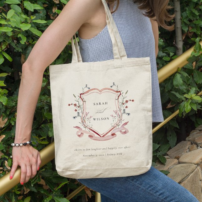 Elegant Pink Wildflower Watercolor Crest Wedding Tote Bag (Creator Uploaded)