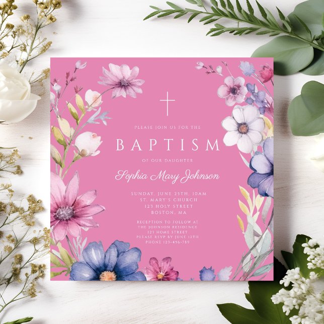 Elegant Pink Wildflower Wreath Girl Baptism Invitation (Elegant Pink Wildflower Wreath Girl Baptism Invitation)