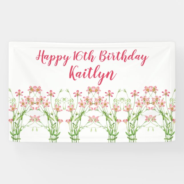 Elegant Pink Wildflowers 16th Birthday Personal Banner (Horizontal)