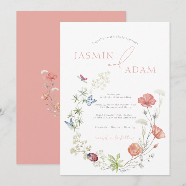 Elegant Pink Wildflowers & Butterflies Wedding Invitation (Front/Back)