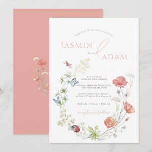 Elegant Pink Wildflowers & Butterflies Wedding Invitation