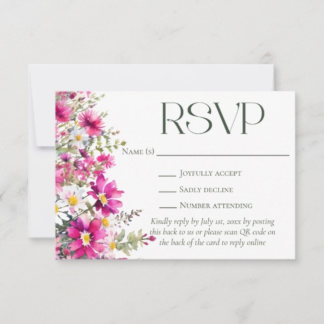Elegant Pink Wildflowers Floral Wedding QR Code RSVP Card (Front)