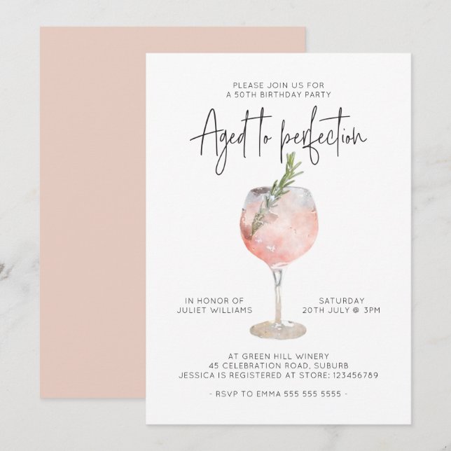 Elegant Pink Wine Aged to Perfection 50th Birthday Invitation (Front/Back)
