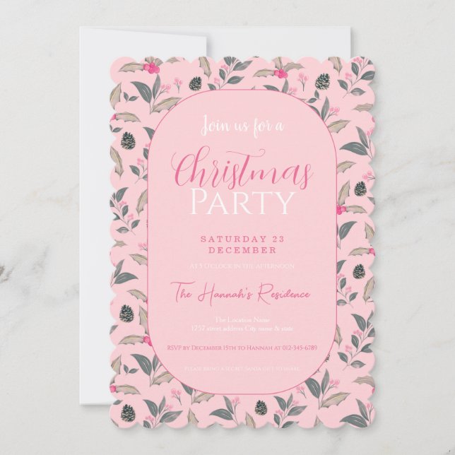 Elegant Pink Winter floral Watercolor Christmas Invitation (Front)