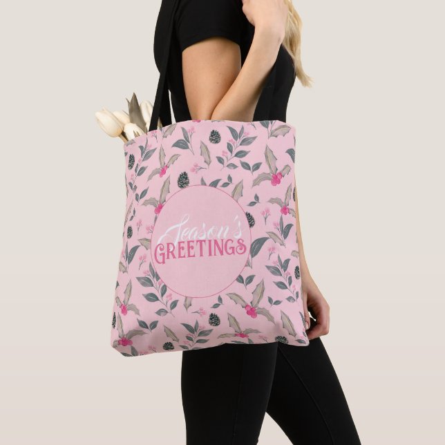 Elegant Pink Winter floral Watercolor Christmas Tote Bag (Close Up)