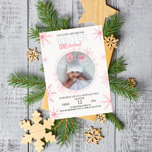 Elegant pink Winter onederland 1st Birthday Photo Invitation