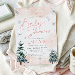 Elegant Pink Winter Wonderland Baby Shower Invitation