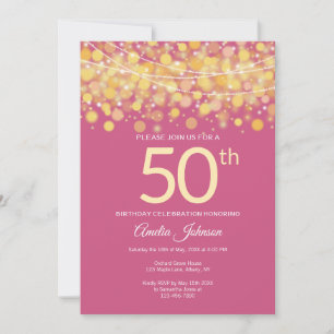 Elegant Pink with Gold String Lights 50th birthday Invitation