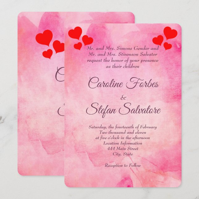 Elegant Pink With Red Hearts Valentine's Wedding  Invitation (Front/Back)