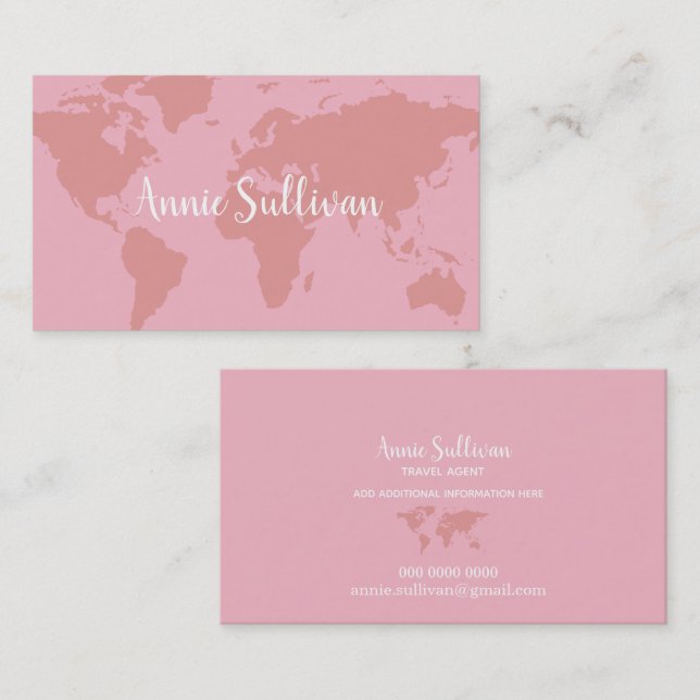 elegant pink world map travel agent business card (Front/Back)