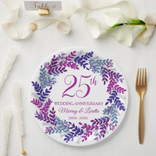 Elegant Pink Wreath 25th Anniversary Party Paper Plate