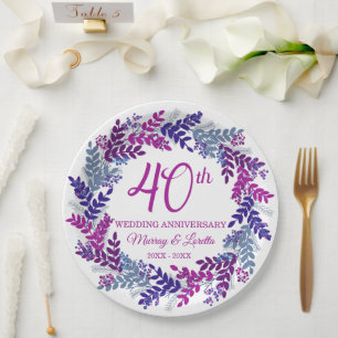 Elegant Pink Wreath 40th Anniversary Party Paper Plate