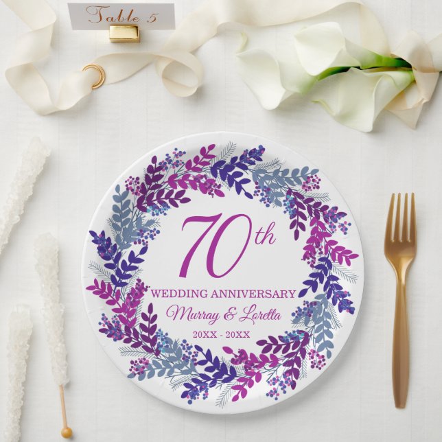 Elegant Pink Wreath 70th Anniversary Party Paper Plate (Wedding)