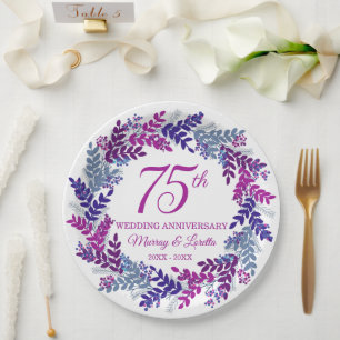 Elegant Pink Wreath 75th Anniversary Party Paper Plate