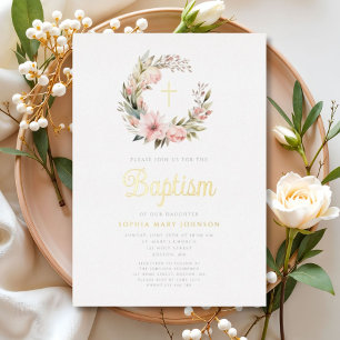 Elegant Pink Wreath Girl Baptism Gold