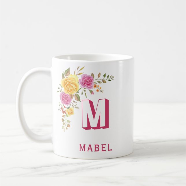 Elegant Pink Yellow Custom Name Floral Monogram Coffee Mug (Left)