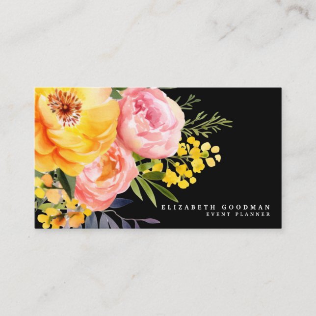 Elegant Pink Yellow Floral Black Business Cards (Front)