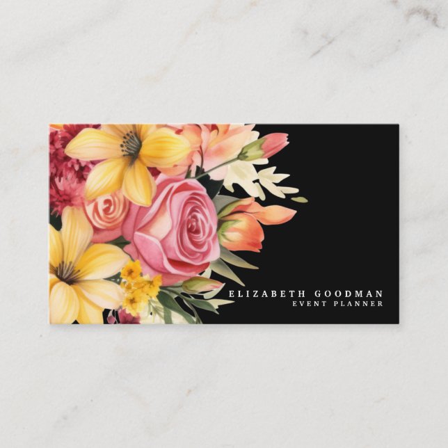 Elegant Pink Yellow Floral Black Business Cards (Front)