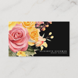 Elegant Pink Yellow Floral Black Business Cards