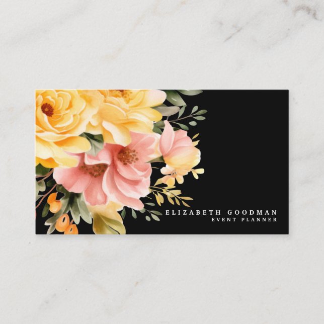 Elegant Pink Yellow Floral Black Business Cards (Front)