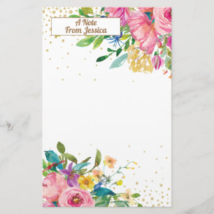 Elegant Pink Yellow Floral Gold Glitter Stationery