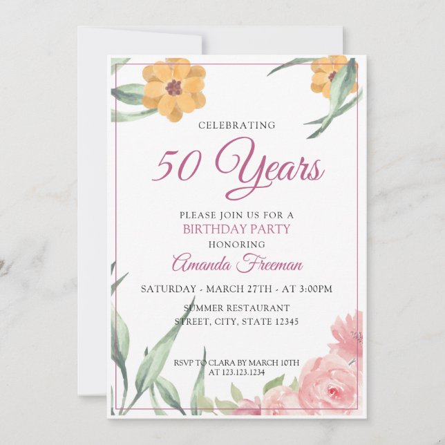 Elegant Pink & Yellow Floral Mother Birthday Invitation (Front)
