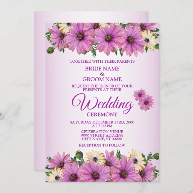 Elegant Pink Yellow Floral Rustic Wedding Invitation (Front/Back)
