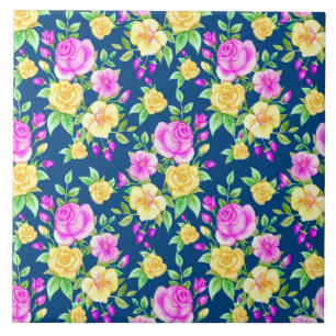 Elegant Pink Yellow Rose Floral Pattern Tile