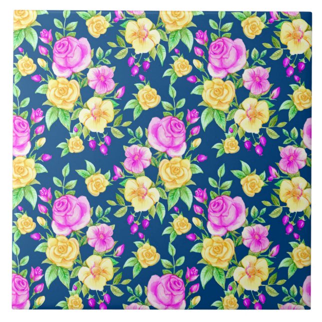 Elegant Pink Yellow Rose Floral Pattern Tile (Front)