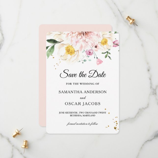 Elegant Pink & Yellow Watercolor Floral Save The Date (Front/Back In Situ)